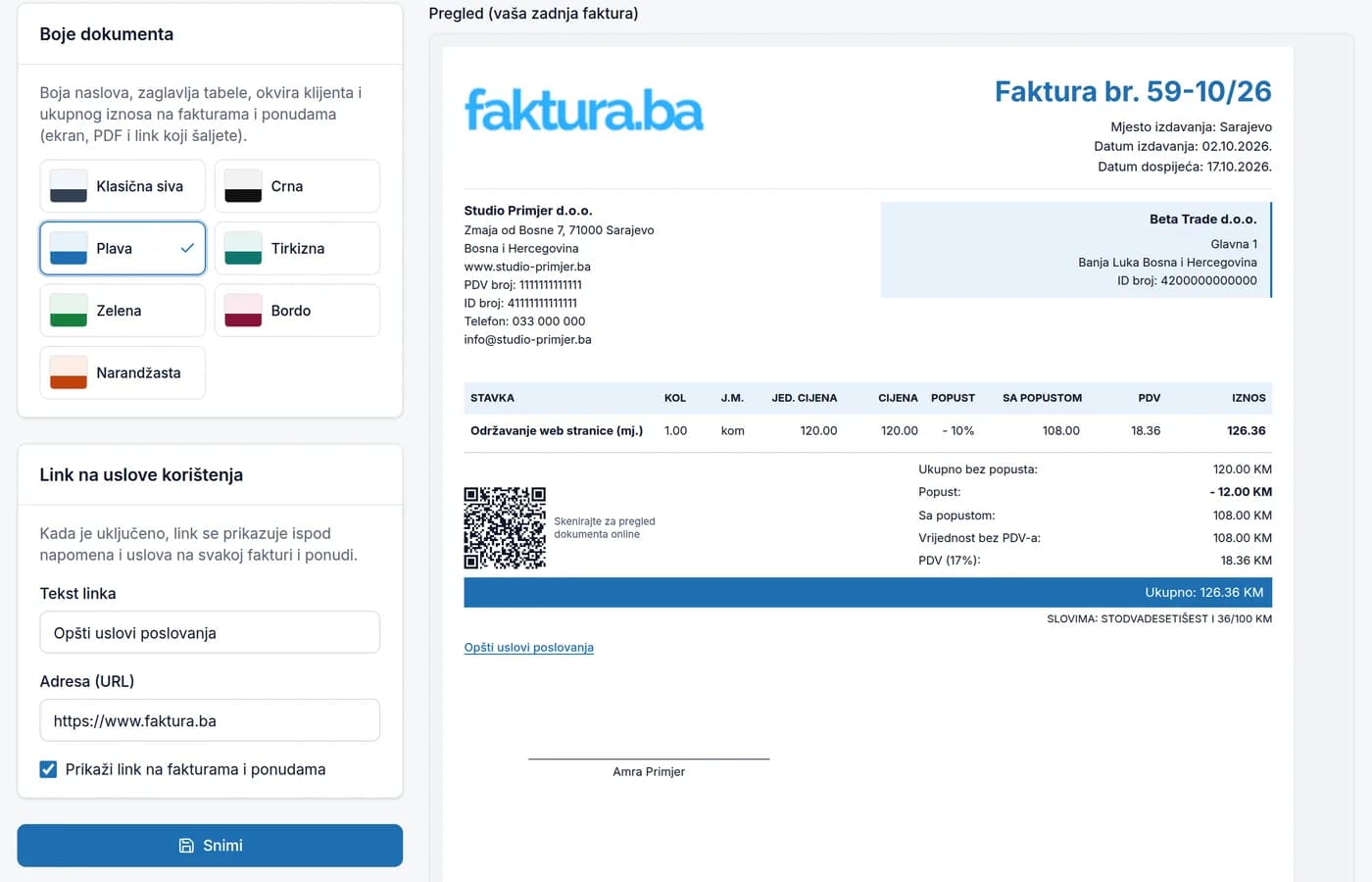 Podešavanja izgleda dokumenta: izbor boje i pregled fakture u plavoj boji s QR kodom