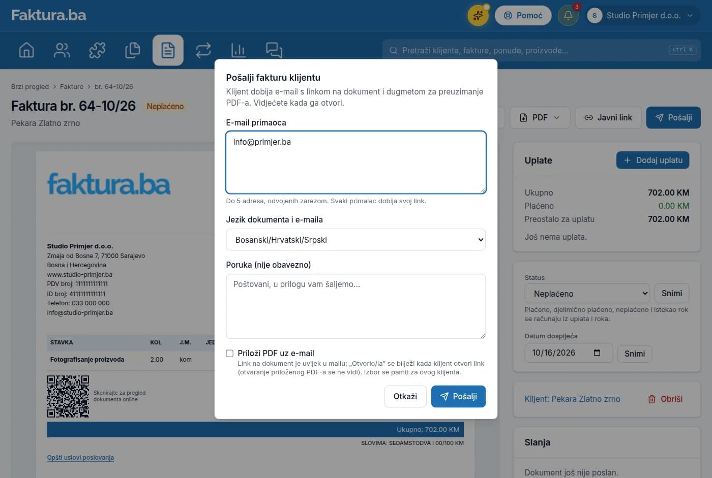 Prozor Pošalji fakturu klijentu s e-mail adresom, jezikom i porukom