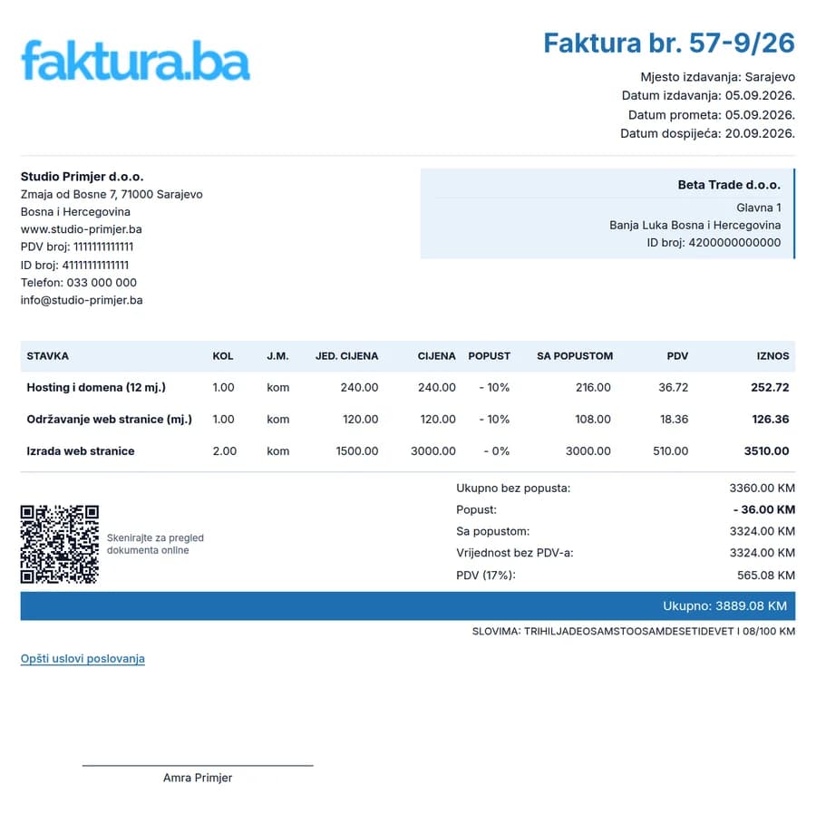 Primjer popunjene fakture izmišljene firme Studio Primjer d.o.o. s tri stavke, popustom, PDV-om 17 % i iznosom slovima