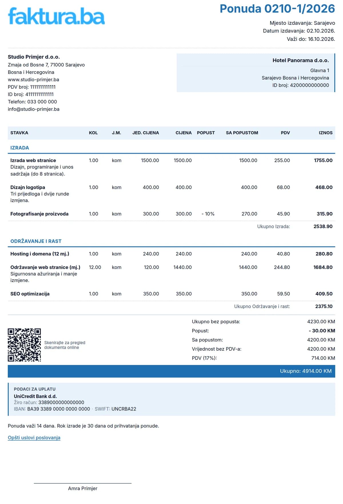 Primjer ponude izmišljene firme Studio Primjer d.o.o. sa stavkama u grupama Izrada i Održavanje, popustom, PDV-om 17 % i ukupnim iznosom
