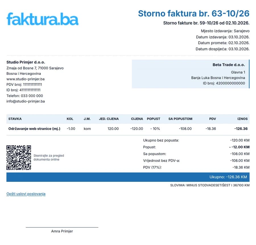 Primjer storno fakture s pozivom na originalnu fakturu, negativnom količinom i ukupnim iznosom -126,36 KM