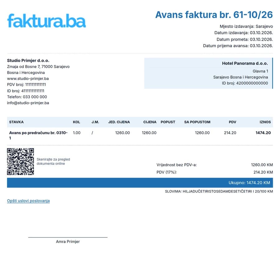 Primjer avansne fakture: avans po predračunu, osnovica 1260 KM, PDV 214,20 KM, ukupno 1474,20 KM