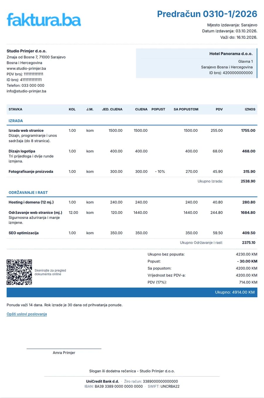 Primjer predračuna izmišljene firme Studio Primjer d.o.o. sa stavkama u grupama, PDV-om 17 % i ukupnim iznosom